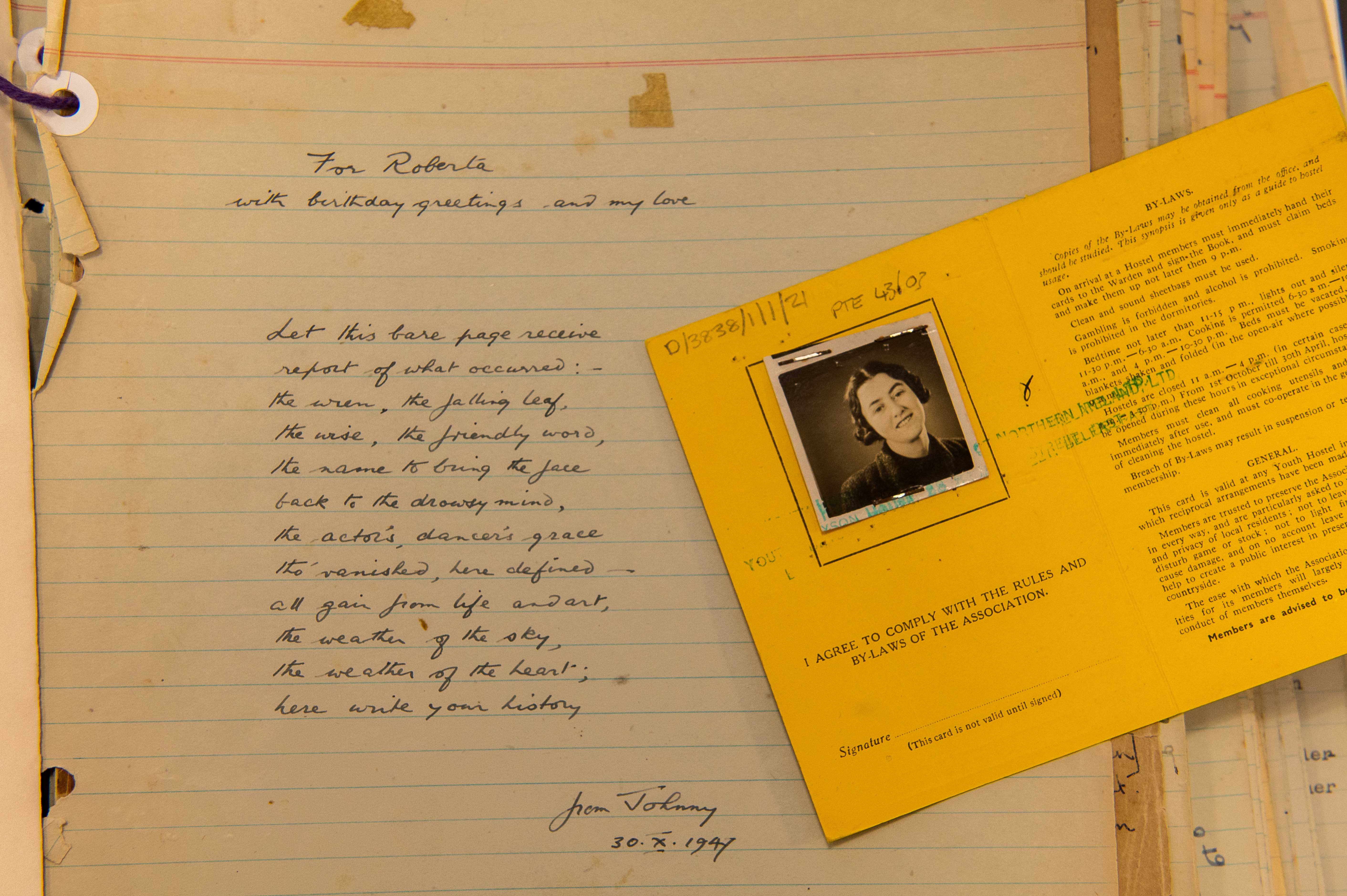 Poem written by John Hewitt for Roberta and an Identity Card with Roberta's photo.